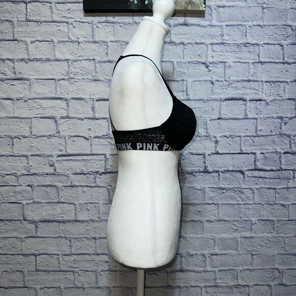 Victoria's Secret PINK Push-Up Black/Pink Lace Front Close Bra UW Strappy - Picture 2 of 7